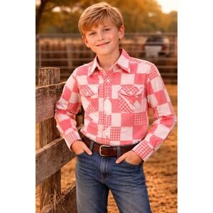 Western Art Vintage Gingham Red White Plaid Pearl Snap Long Sleeve Shirt 10